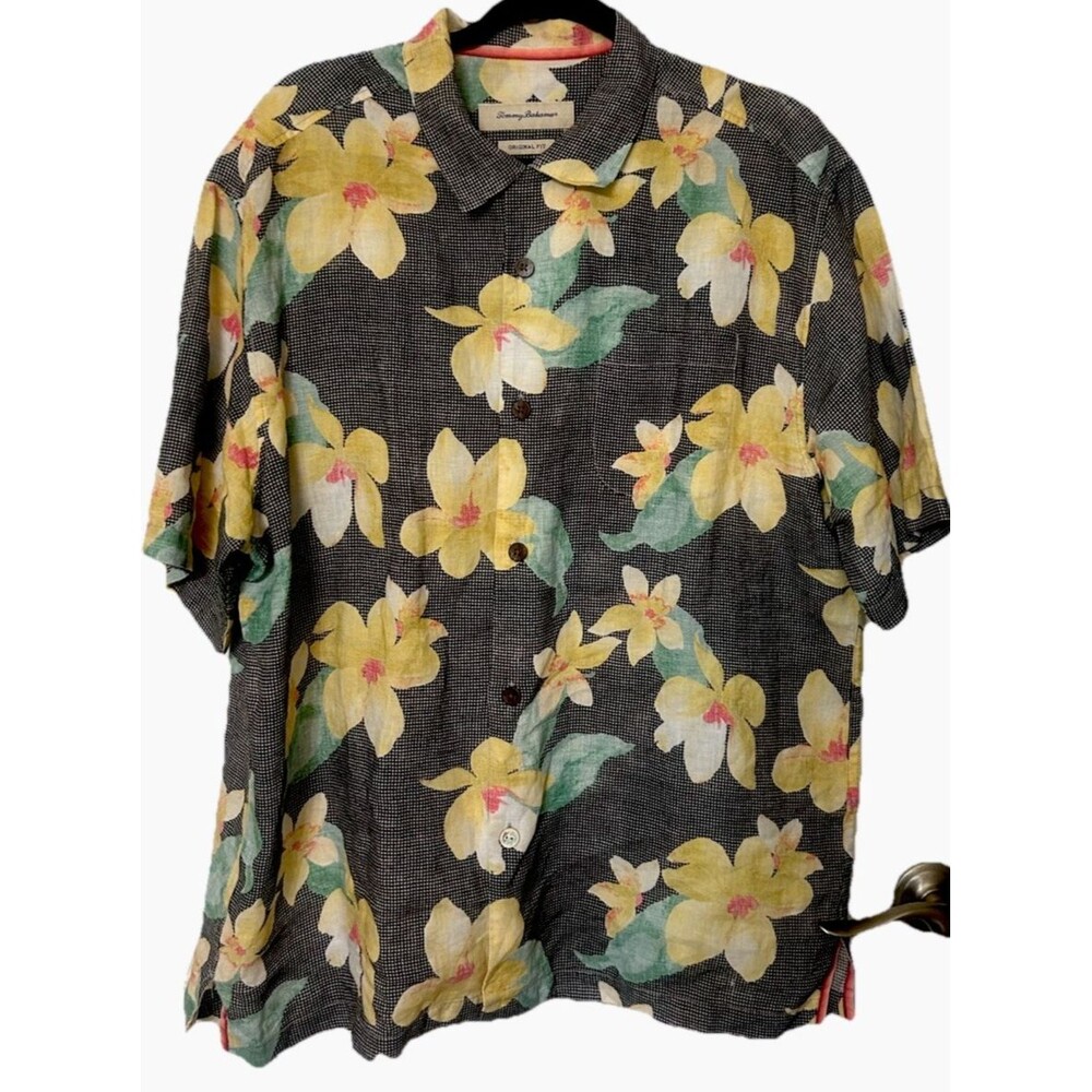 Tommy Bahama Original Fit  Mens L 100% Linen Floral Hawaiian Button Up Shirts
